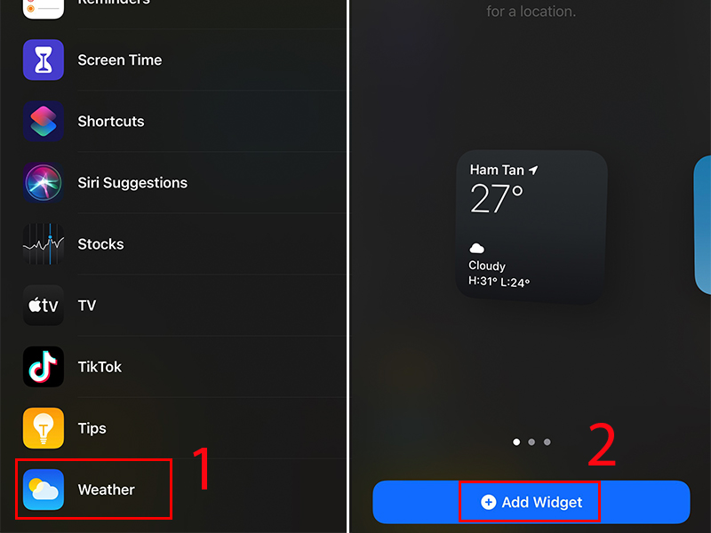 Chọn Thời tiết (Weather) sau đó chọn Thêm tiện ích (Add Widget)